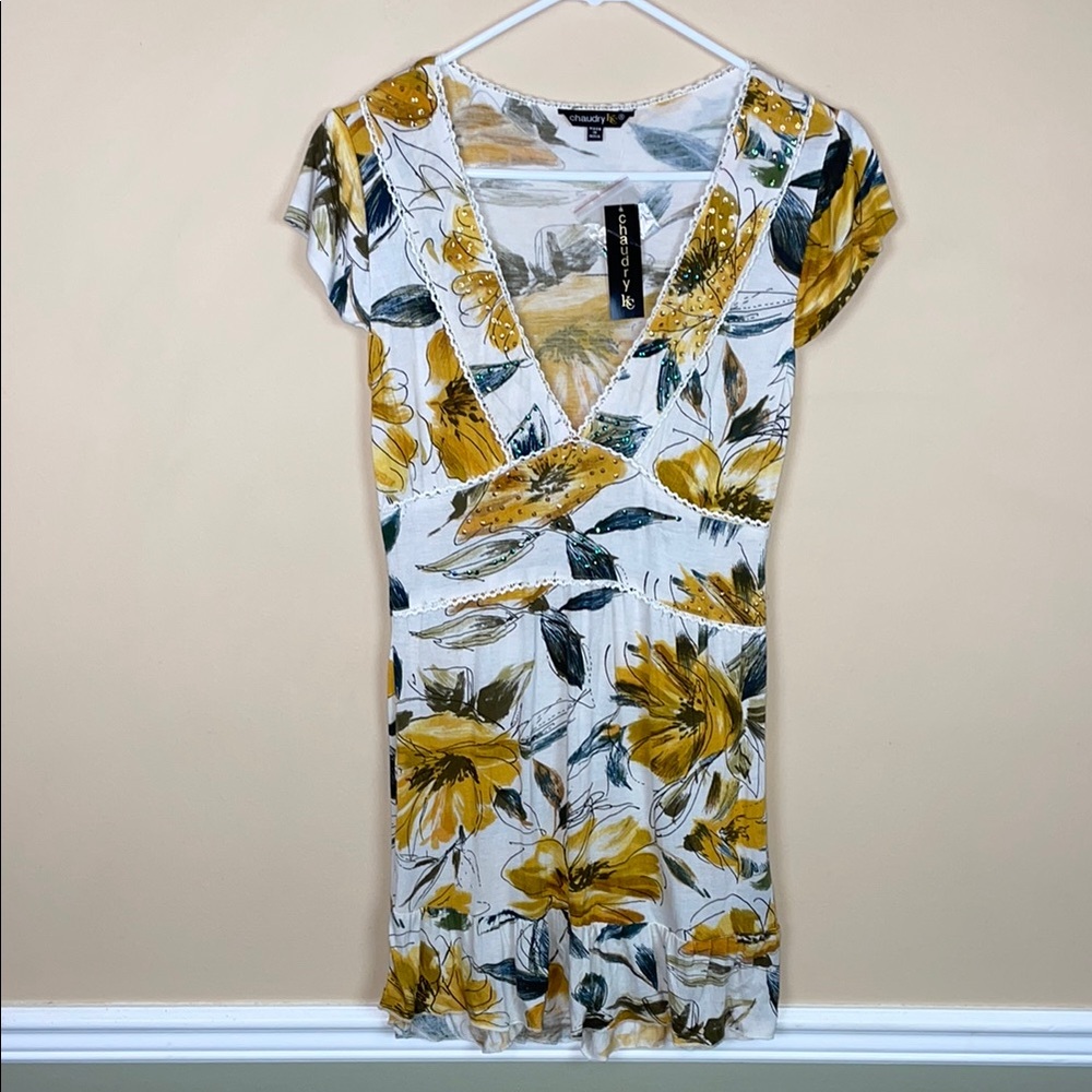 NWT Chaudry Women’s Boho Floral Print Sequins V-Neck Short Sleeve Mini Dress